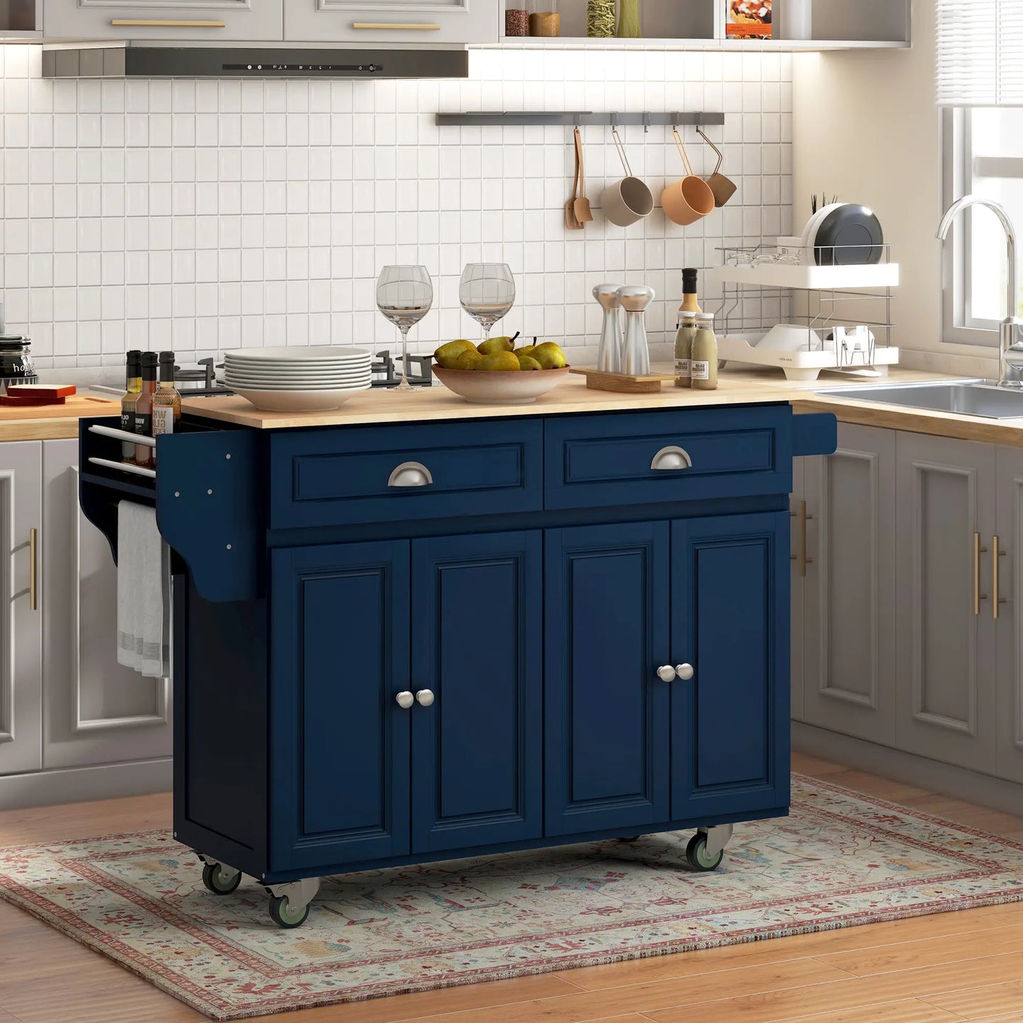 Kitchen Island with Storage, Drop Leaf, Rubber Wood Top, Navy Blue Kitchen Islands & Kitchen Carts at Gallery Canada