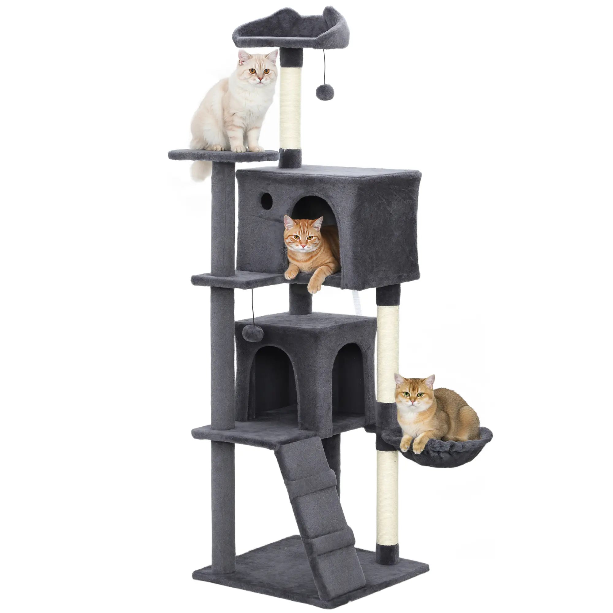 63 Inch Cat Tree, Sisal Scratching Posts, Condos, Plush Perches, Hammock, Ladder, Dangling Balls, Dark Grey Cat Towers at Gallery Canada