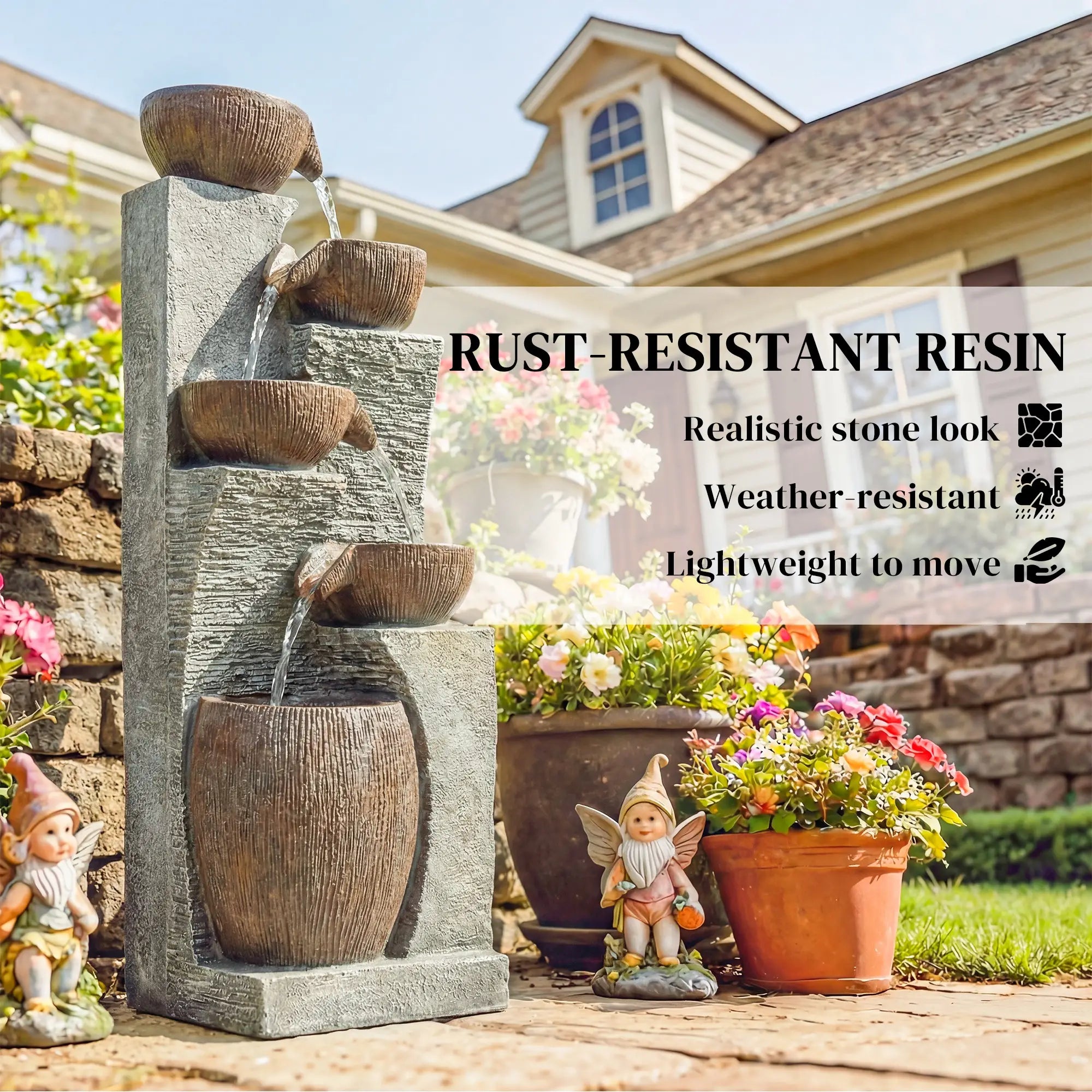 5-Tier Outdoor Water Fountain, Cascading Rock Waterfall, Grey Rustic Brown Water Fountains at Gallery Canada