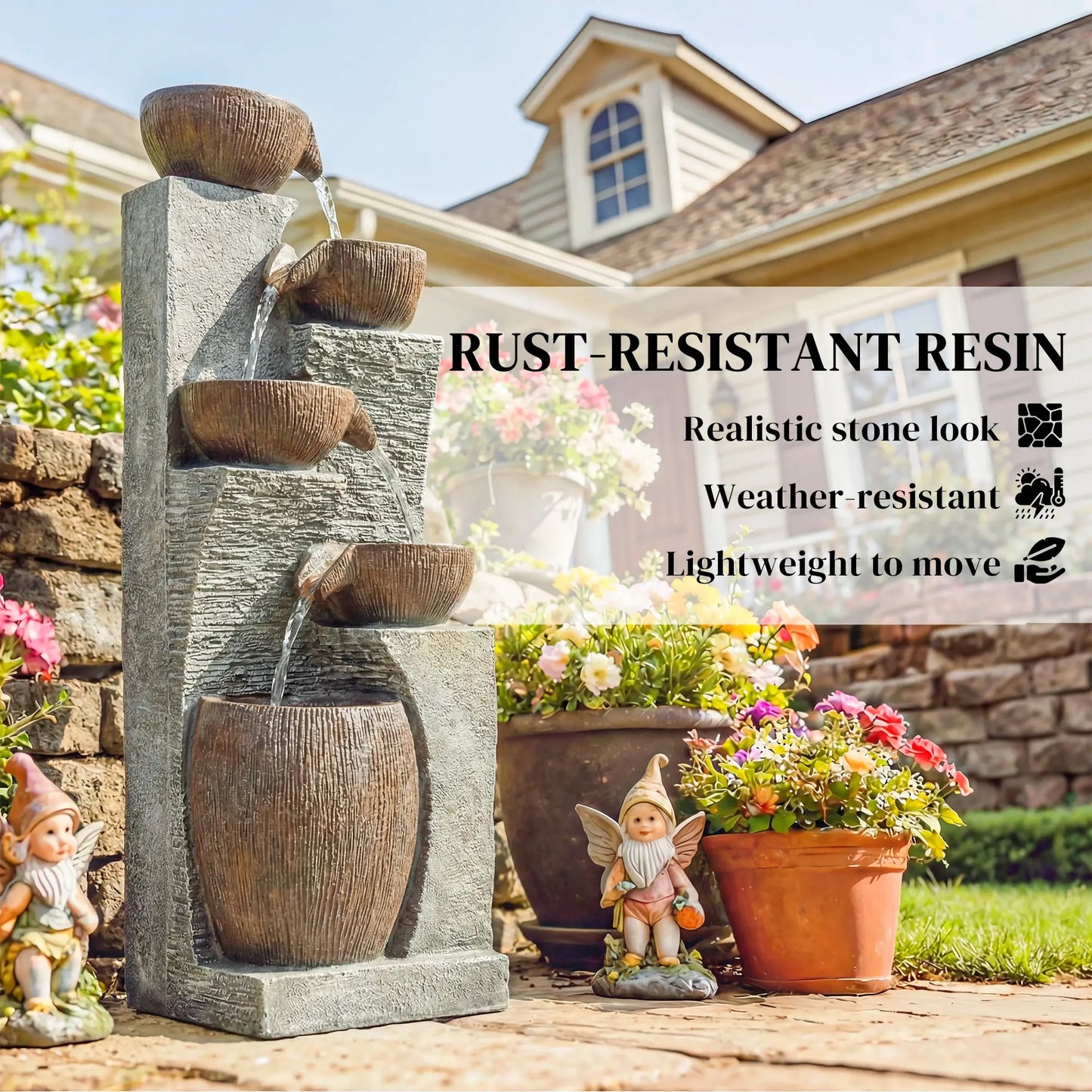 5-Tier Outdoor Water Fountain, Cascading Rock Waterfall, Grey Rustic Brown Water Fountains at Gallery Canada