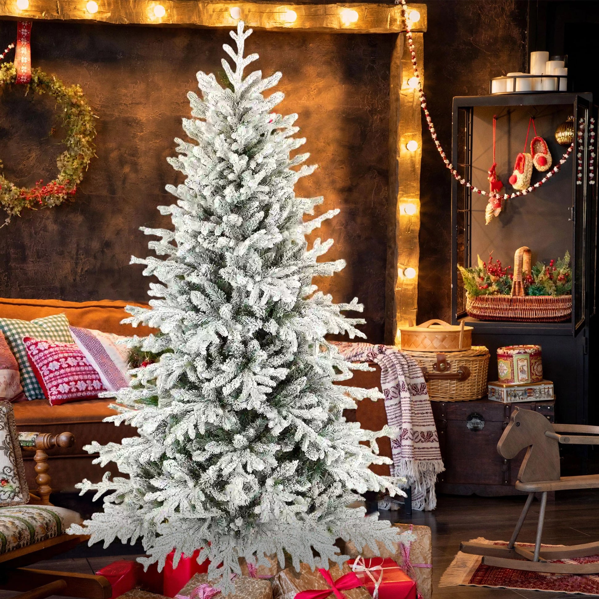 6ft Artificial Flocked Christmas Tree, Full Snow Pine, Hinged with Metal Stand Artificial Christmas Trees at Gallery Canada