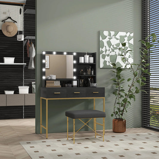 LED Vanity Table With Mirror, 3 Drawers, Black Dressing & Vanity Tables Black at Gallery Canada