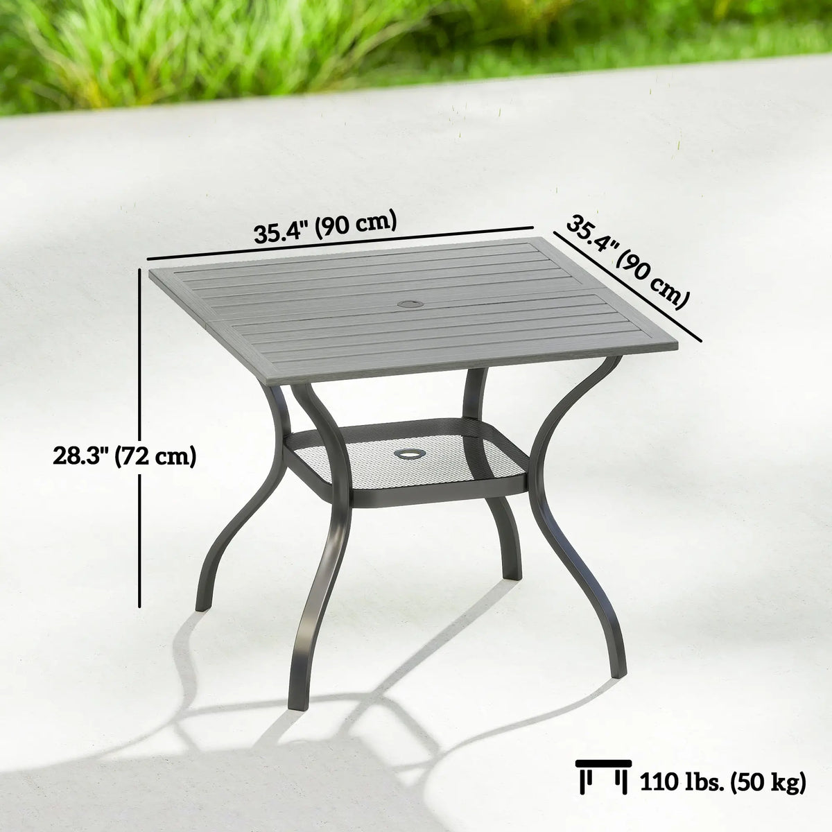 Square Patio Table With Umbrella Hole, Shelf, Slatted Faux Wood Steel Top, Grey Patio Dining Tables at Gallery Canada