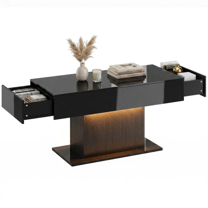 LED Coffee Table with Storage, High Gloss Modern Center Table with 2 Drawers and Remote Control for Living Room, Black