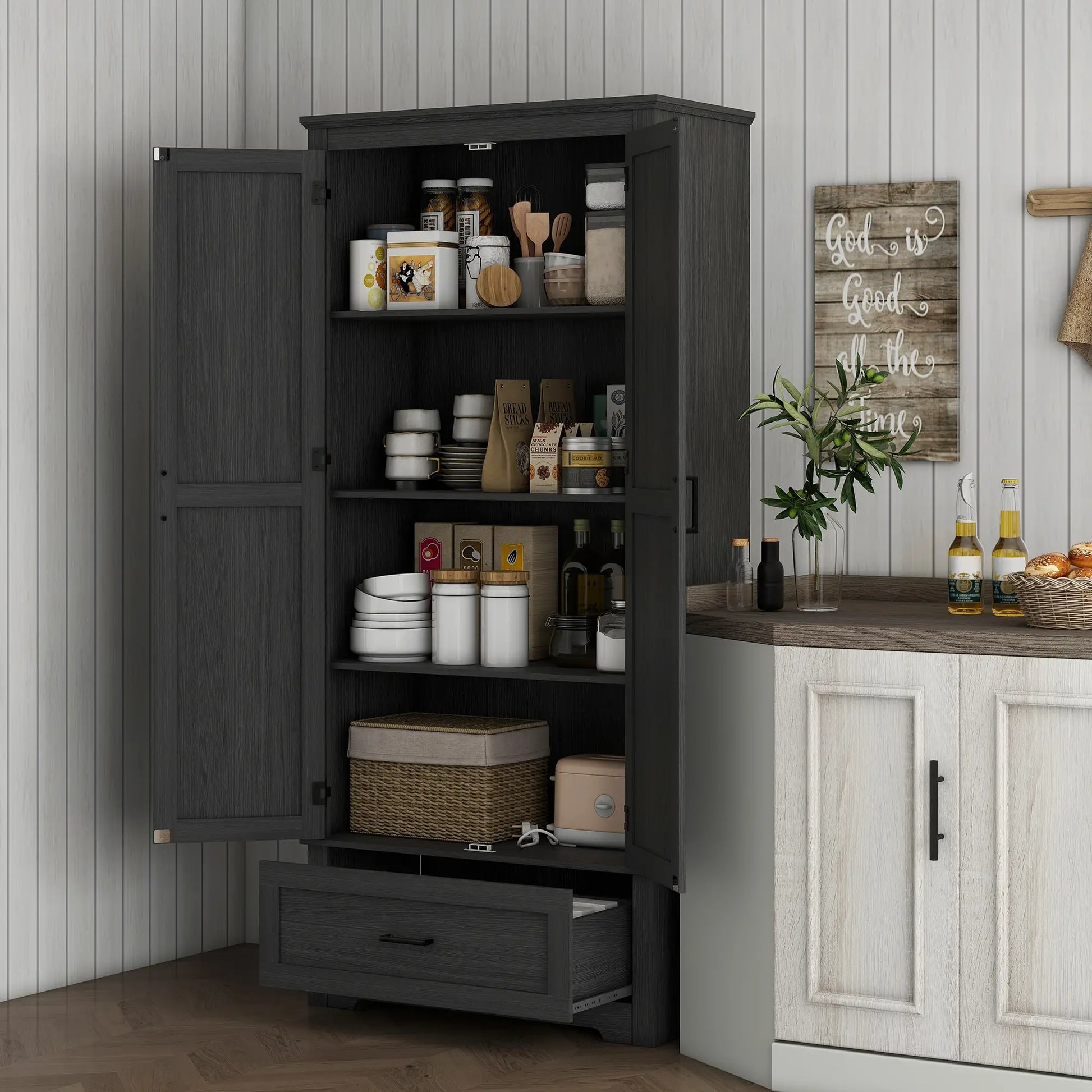 69" Tall Farmhouse Pantry Cabinet, 2 Doors, Drawer, Adjustable Shelves, Black Wood Grain, Black Kitchen Pantry Cabinets at Gallery Canada