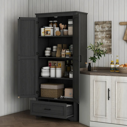 69" Tall Farmhouse Pantry Cabinet, 2 Doors, Drawer, Adjustable Shelves, Black Wood Grain, Black Kitchen Pantry Cabinets at Gallery Canada