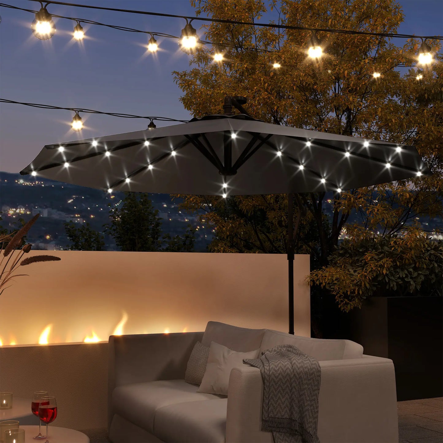 9.5' Offset Patio Umbrella with Solar LED Lights, Dark Grey Cantilever Umbrellas at Gallery Canada