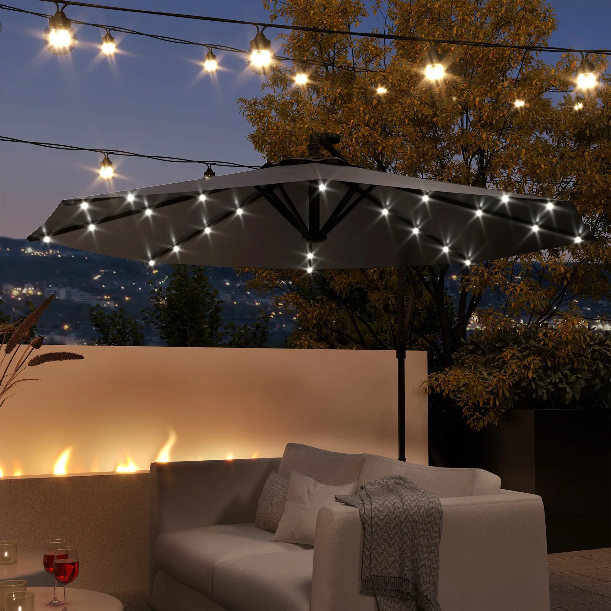 9.5' Offset Patio Umbrella with Solar LED Lights, Dark Grey Cantilever Umbrellas at Gallery Canada