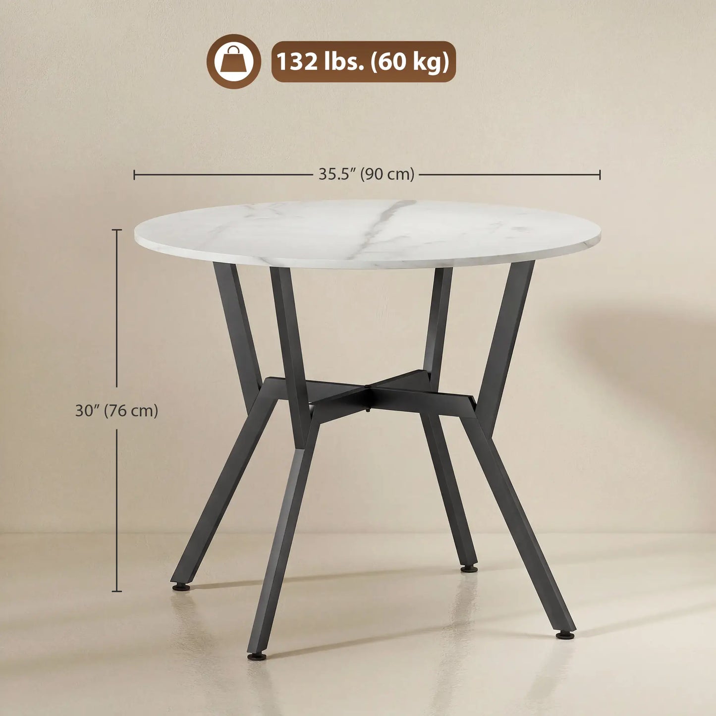 35" Round Dining Table, Modern Steel Frame, White Marble, White Dining Tables at Gallery Canada