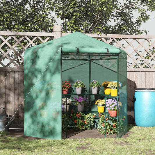 7.5' x 6.5' Walk-in Greenhouse with 3-Tier Shelves, Hexagonal Portable Green House with Roll-up Door, Garden Hot House for Plants Herbs Vegetables, Green - Gallery Canada