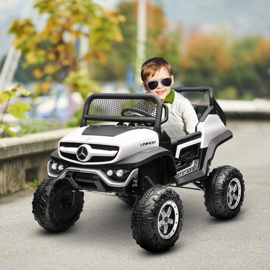 Licensed Mercedes-Benz Unimog Ride on Truck, 12V Battery Powered Electric Vehicle with 2.4G Remote Control, 3 Speed Spring Suspension, LED Lights, MP3, Music, Horn, White - Gallery Canada