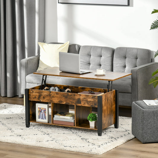 Lift Top Coffee Table with Hidden Storage Compartment and 3 Lower Shelves, Pop-Up Center Table for Living Room, Rustic Brown - Gallery Canada