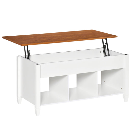 Lift Top Coffee Table with Hidden Storage Compartment and 3 Lower Shelves, Pop-Up Center Table for Living Room, White and Brown at Gallery Canada