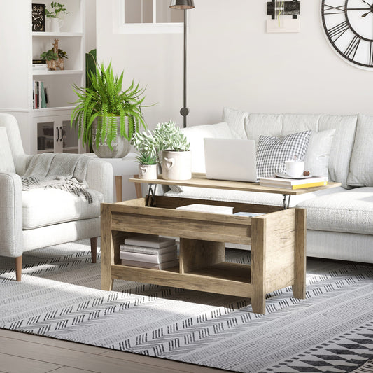 Lift Top Coffee Table with Hidden Storage Compartment and Open Shelves, Lift Tabletop Pop-Up Center Table for Living Room, Oak Effect - Gallery Canada
