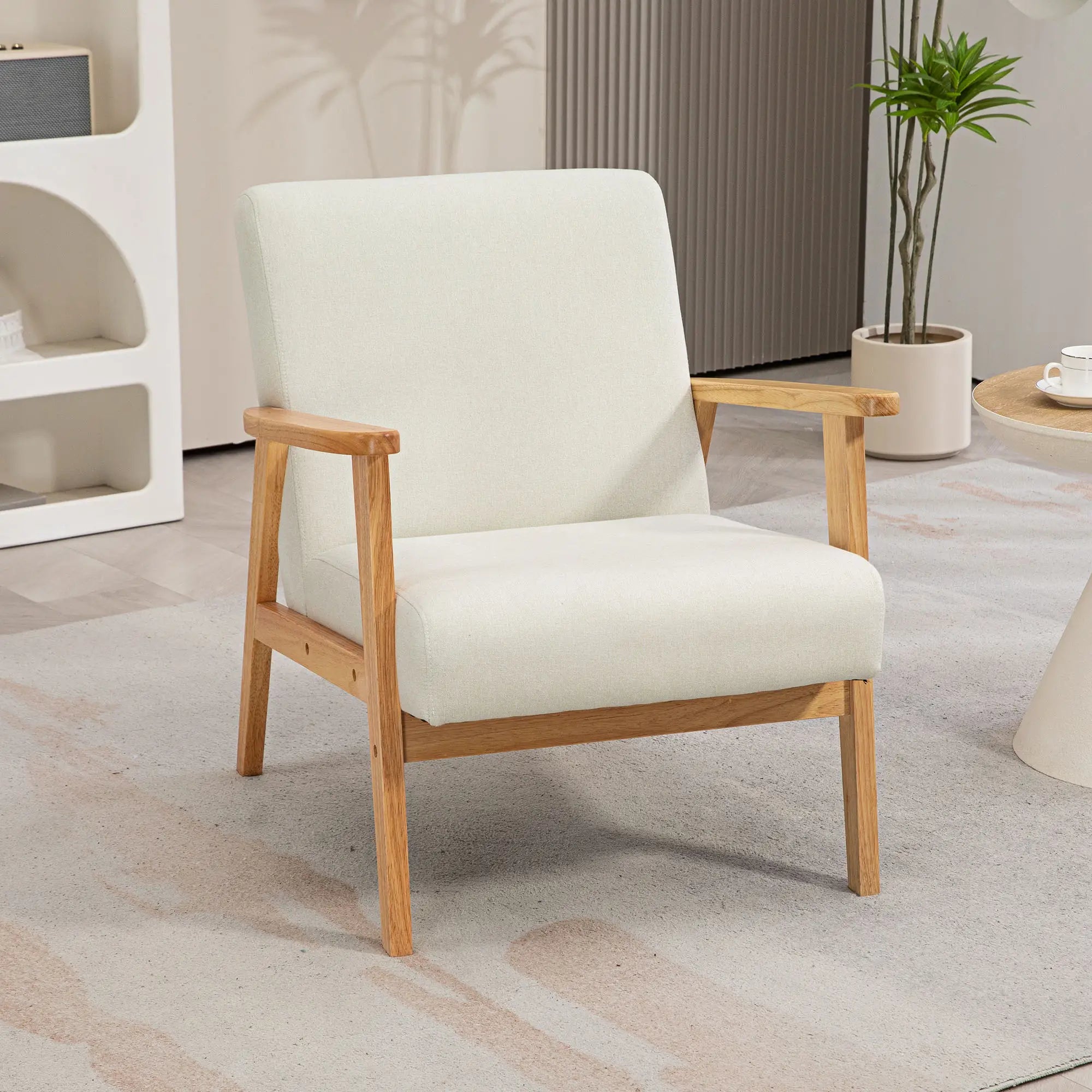 Mid-Century Modern Accent Chair Retro Fabric Armchair Wooden Arm Upholstered Lounge Chair for Living Room Cream White Accent Chairs at Gallery Canada