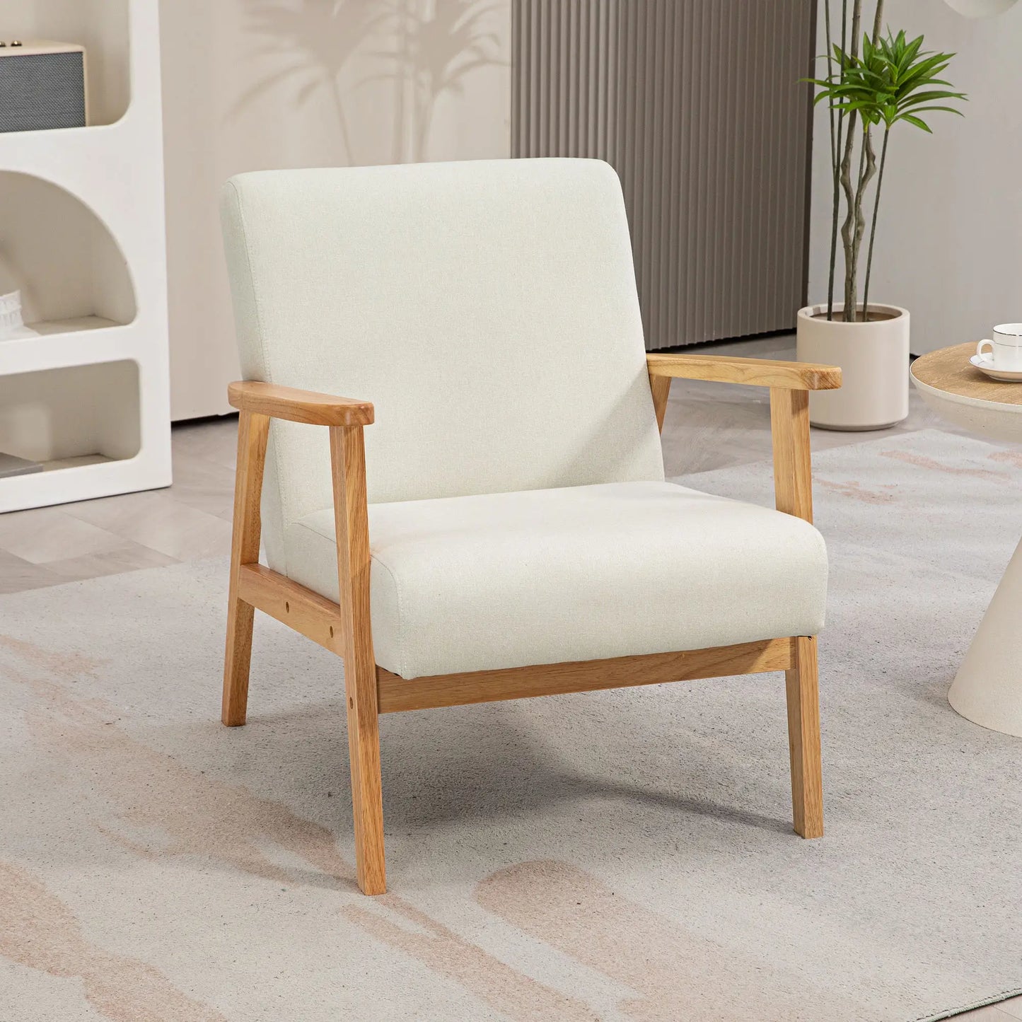 Mid-Century Modern Accent Chair Retro Fabric Armchair Wooden Arm Upholstered Lounge Chair for Living Room Cream White Accent Chairs at Gallery Canada