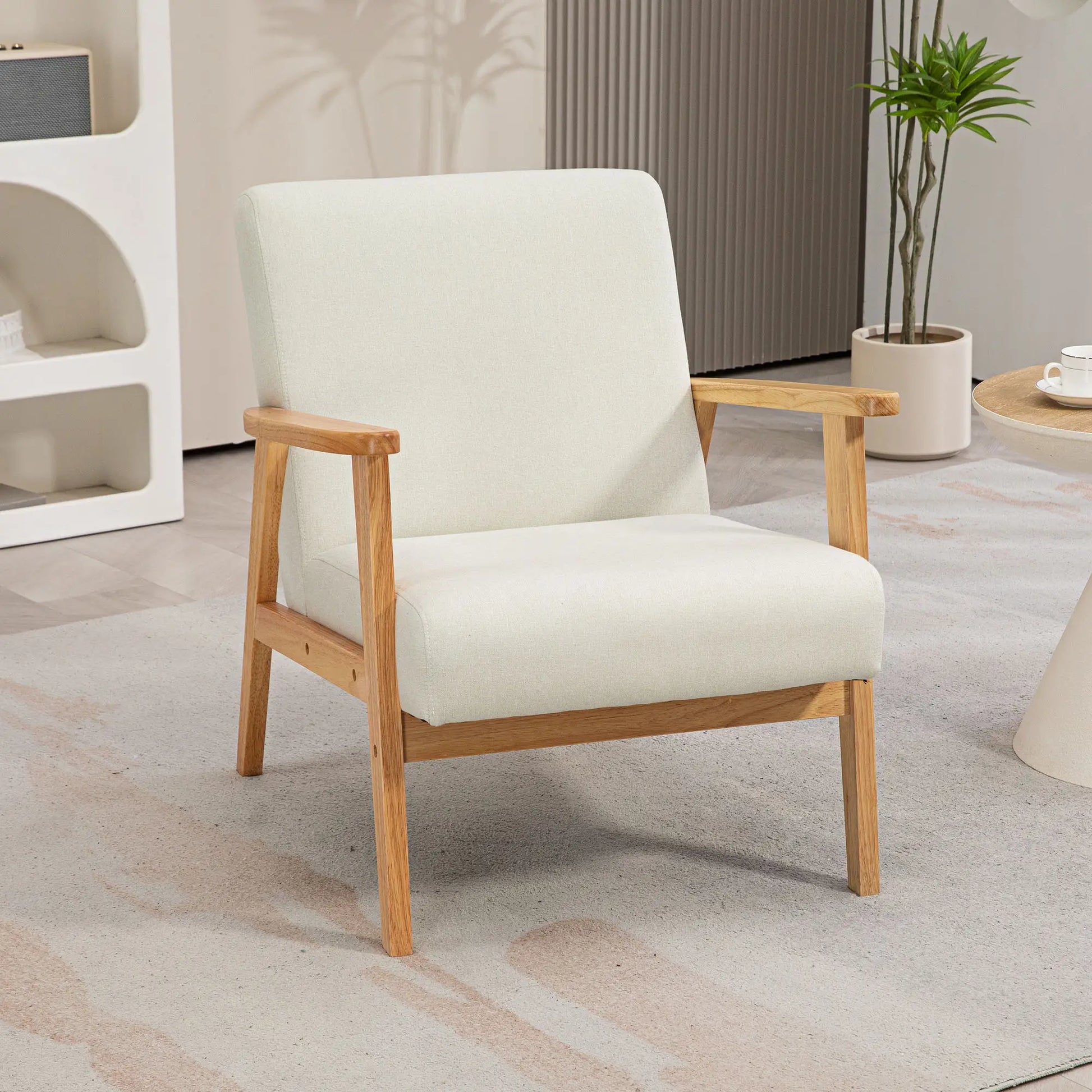Mid-Century Modern Accent Chair Retro Fabric Armchair Wooden Arm Upholstered Lounge Chair for Living Room Cream White Accent Chairs at Gallery Canada