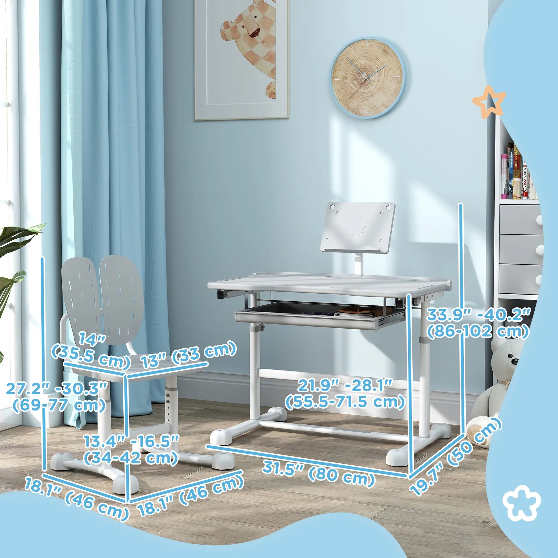 Adjustable Kids Desk and Chair Set, Tilt Desktop, Large Board, Drawer, Grey Kids Desk Sets at Gallery Canada