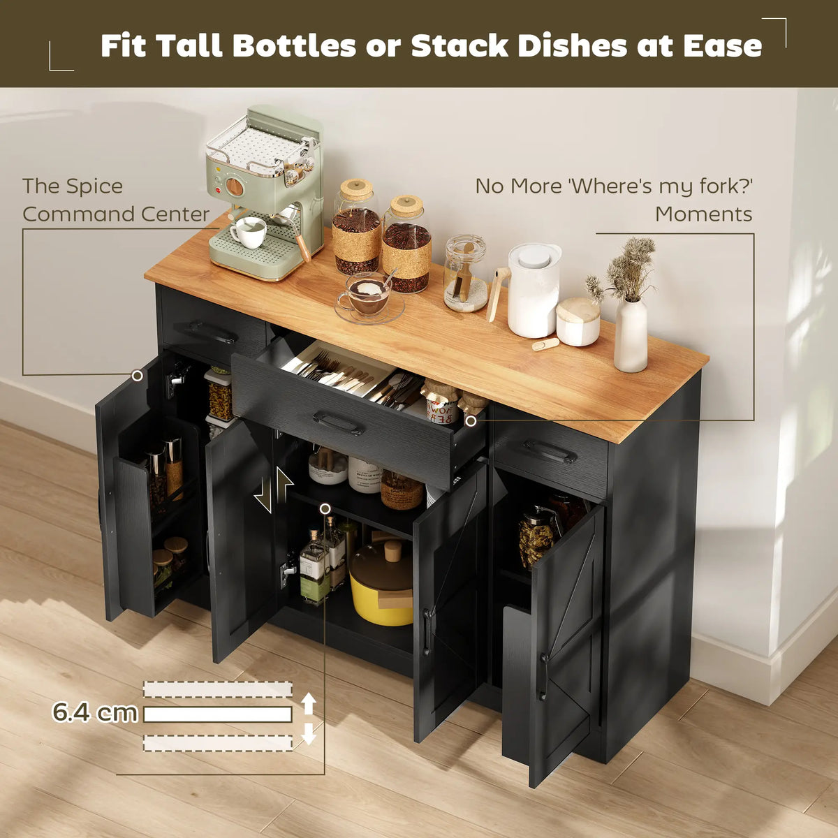 47" Buffet Cabinet, Farmhouse Sideboard, 3 Drawers, Adjustable Shelves, Black Bar Cabinets at Gallery Canada