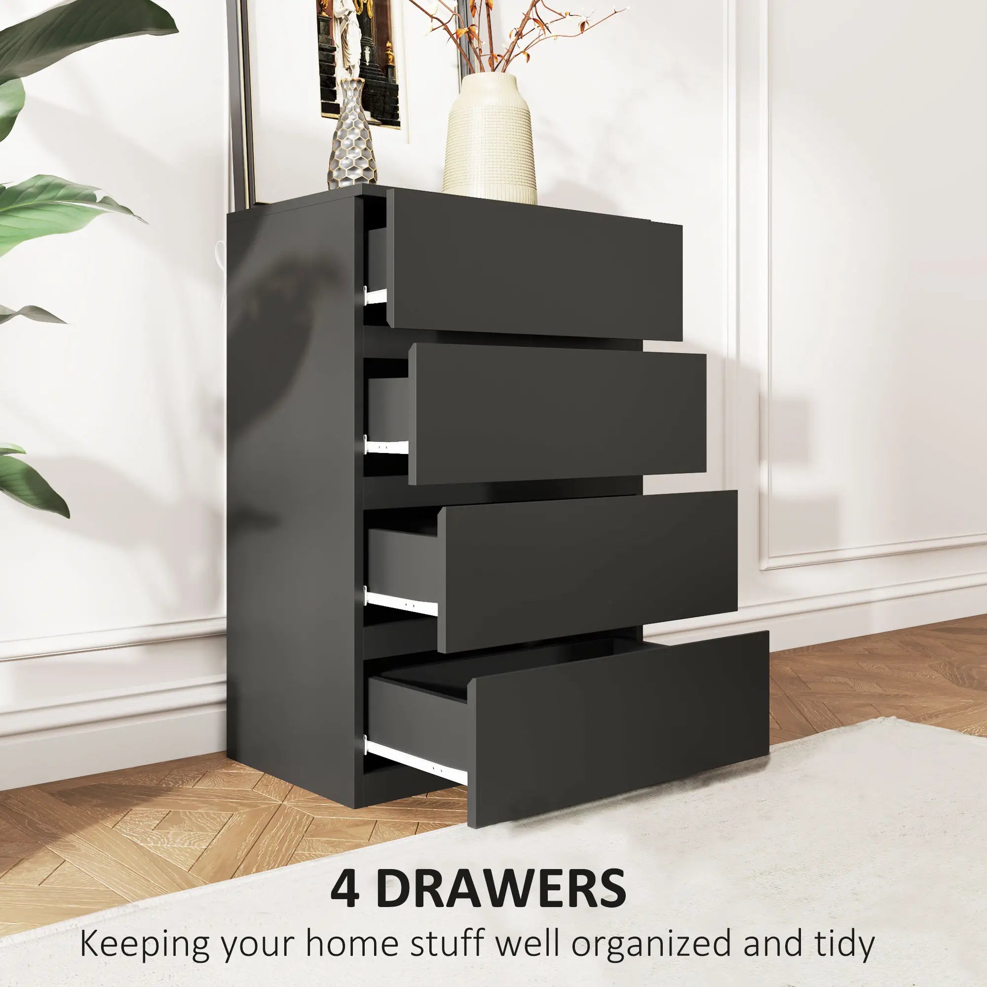 4 Drawer Chest, Freestanding Storage Unit, Black Storage Cabinets at Gallery Canada