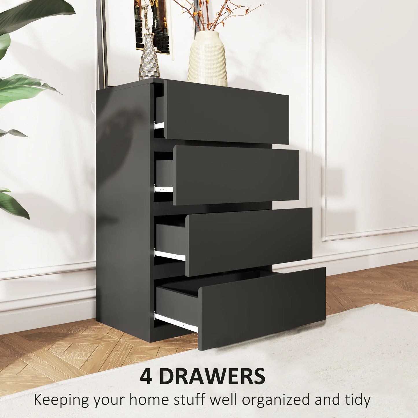 4 Drawer Chest, Freestanding Storage Unit, Black Storage Cabinets at Gallery Canada