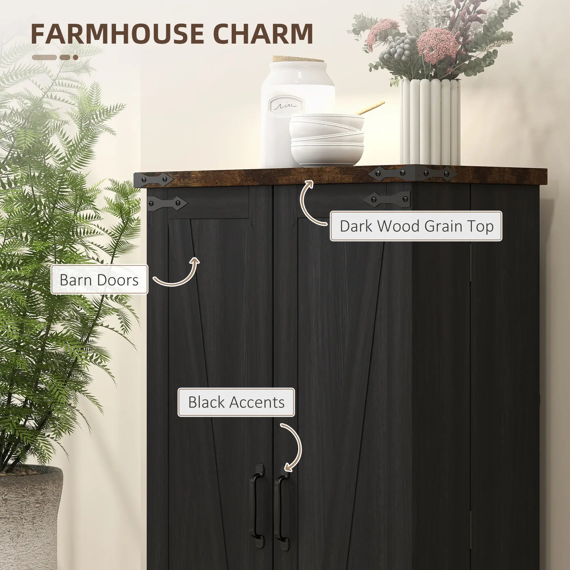 Farmhouse Kitchen Pantry Cabinet, Adjustable Shelves, Black Kitchen Pantry Cabinets at Gallery Canada