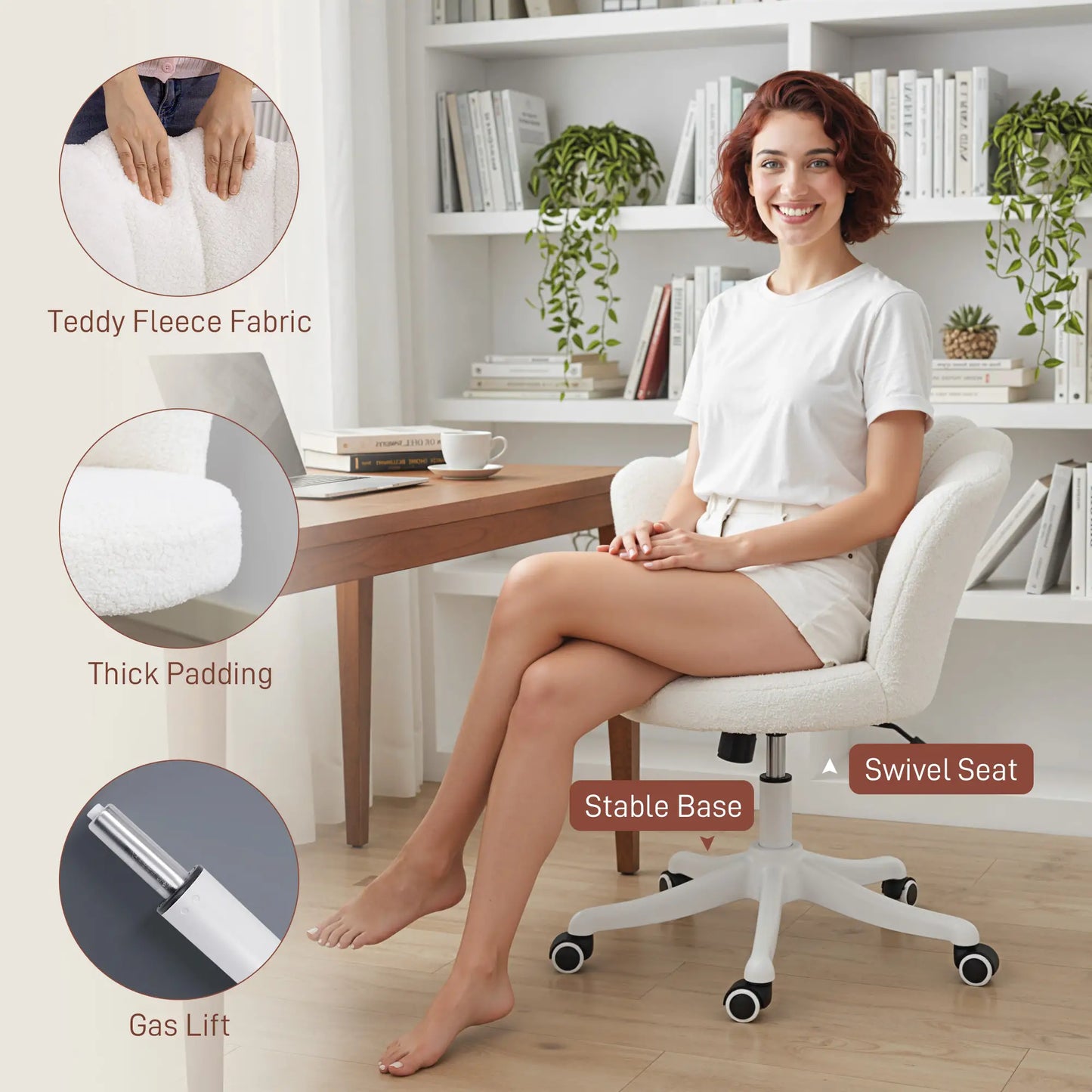 Office Chair, Armless Swivel Desk Chair with Adjustable Height, Backrest, Tilt Function for Office, Vanity, Cream White Task Chairs at Gallery Canada