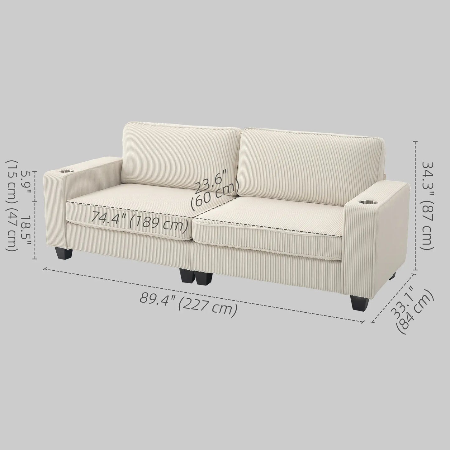 Three Seater Sofa, Fabric Couch with Spring Cushion, Cream White 3-Seater Sofas at Gallery Canada