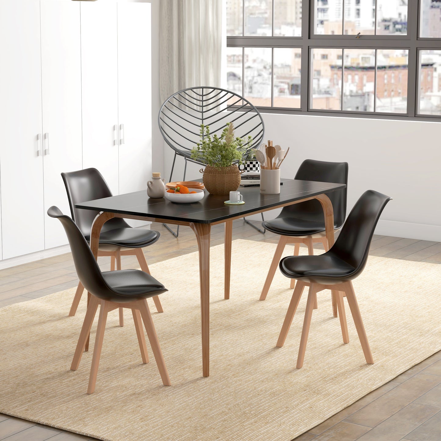 Modern Dining Table Chairs Set of 4, Rubber Wood Kitchen Table Chairs with PU Leather Cushion for Living Room, Bedroom - Gallery Canada