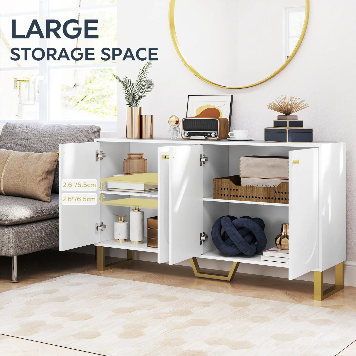 Modern Sideboard Buffet, 4 Doors, Adjustable Shelves, White Storage Cabinets at Gallery Canada