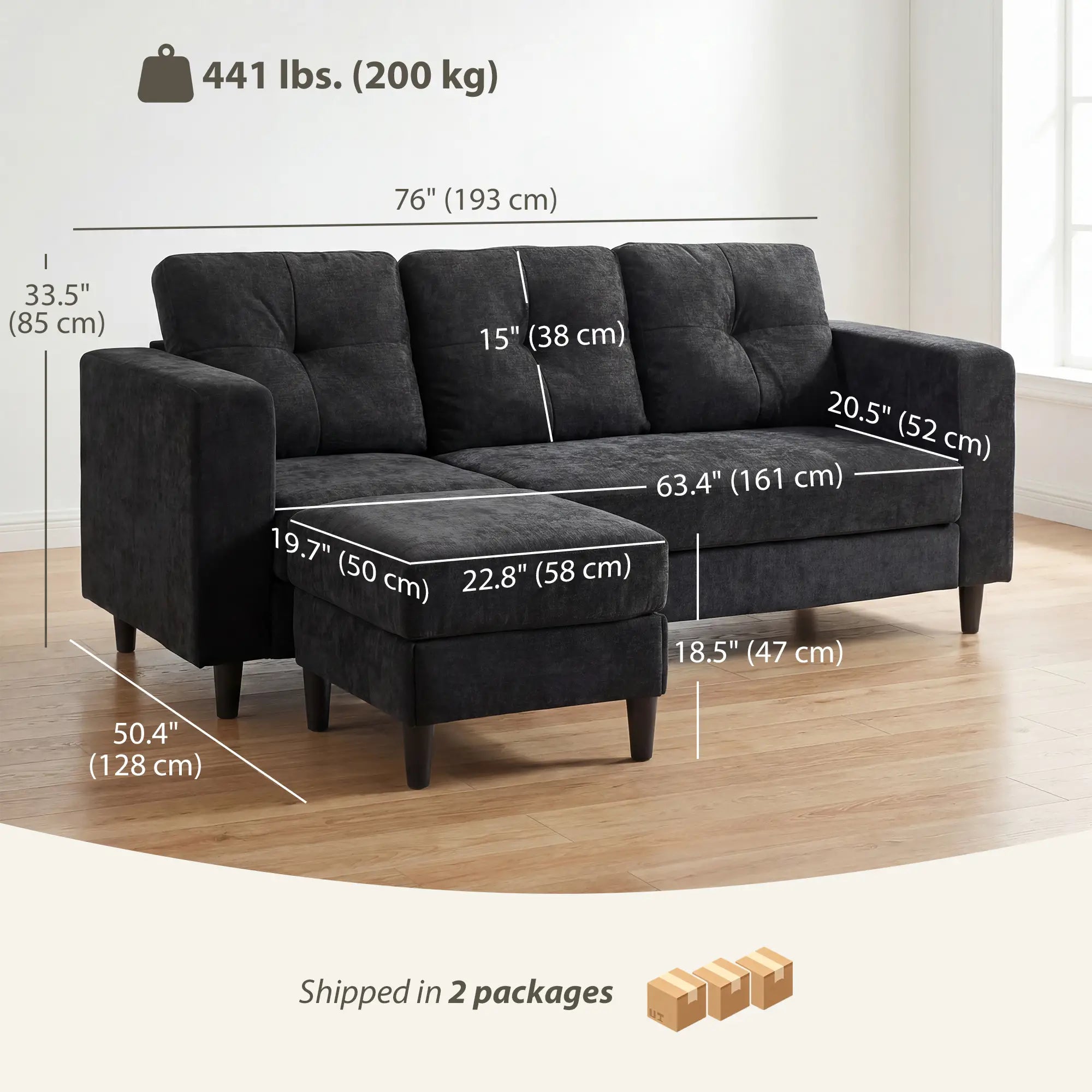 L-Shaped Sectional Sofa, Wooden Legs, Changeable Chaise, Black 3-Seater Sofas at Gallery Canada