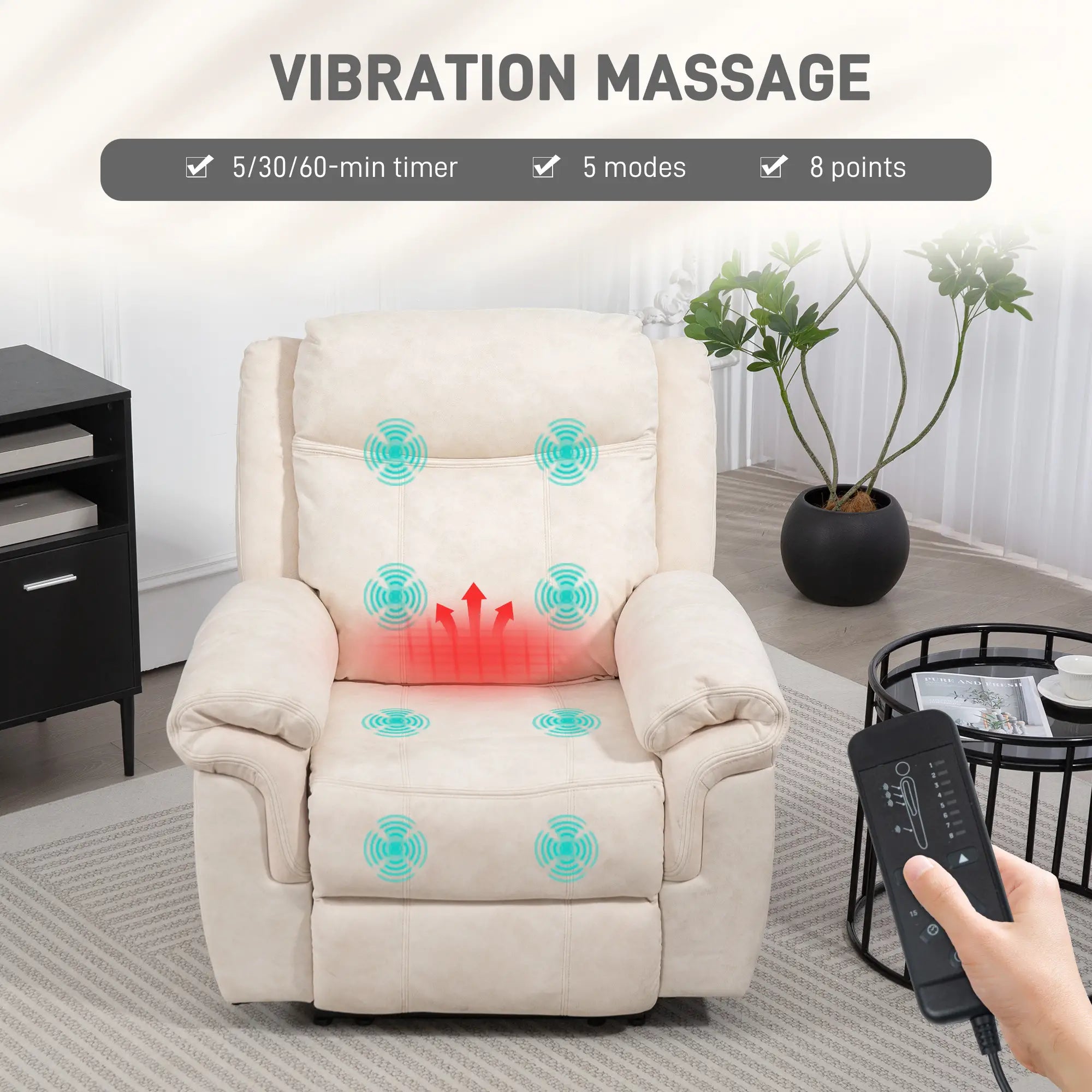 Manual Recliner Chair, Vibration Massage, Side Pockets, Microfibre, Cream White Sofas & Reclining Chairs at Gallery Canada
