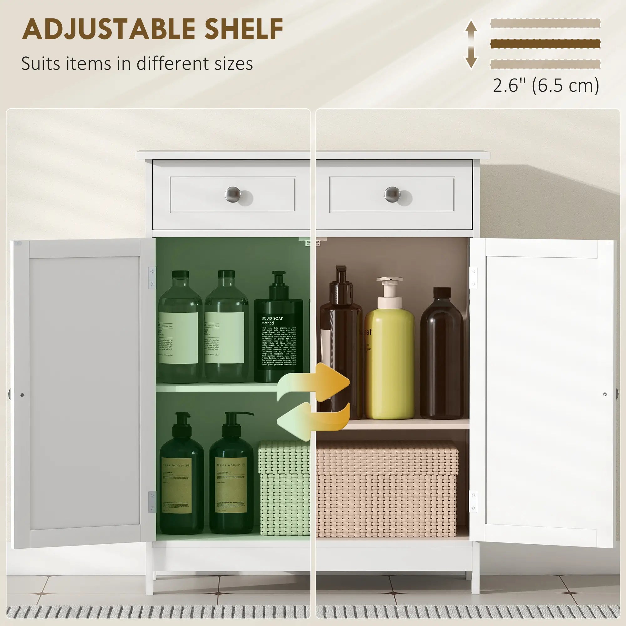 Freestanding Bathroom Cabinet, 2 Door, 2 Drawers, Adjustable Shelf, White Bathroom Cabinets at Gallery Canada