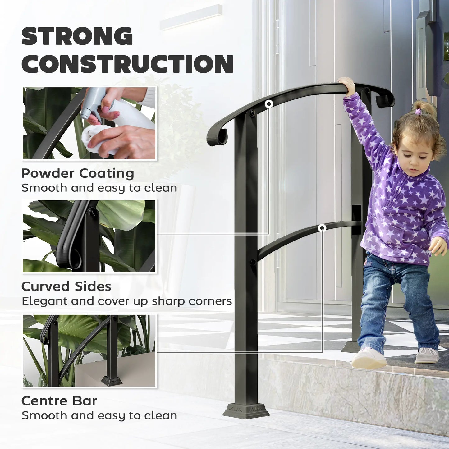 Outdoor Step Handrails, 1-3 Step, Metal Railing with Kit, Black Garden Decor at Gallery Canada