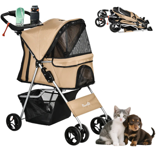Foldable Pet Stroller, 4 Wheels, Storage Basket, Cup Holder, Coffee Dog Bike Trailers & Strollers Coffee at Gallery Canada