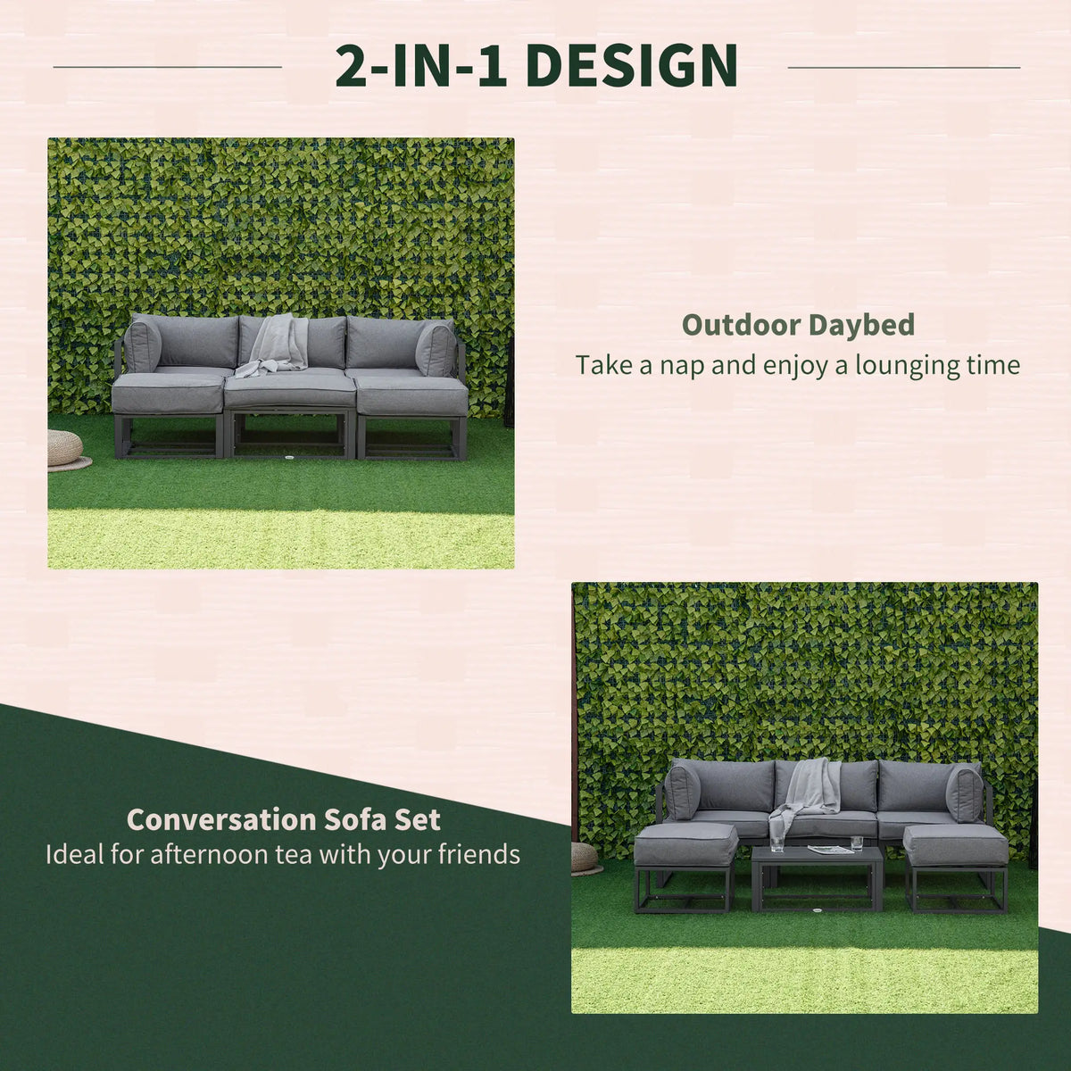 6 Piece Patio Furniture Set, Sectional Outdoor Daybed, Aluminum Frame, Grey