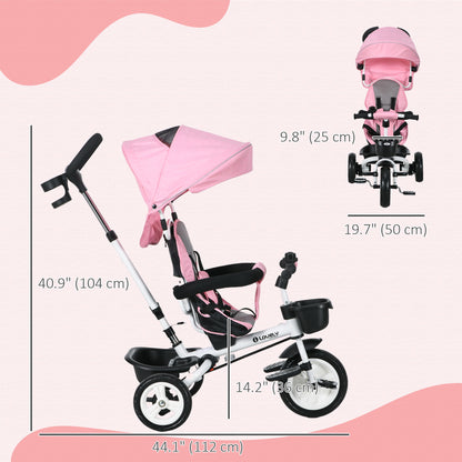 6 in 1 Toddler Tricycle with Parent Push Handle, Canopy, Storage Baskets, Cupholder, Pink at Gallery Canada