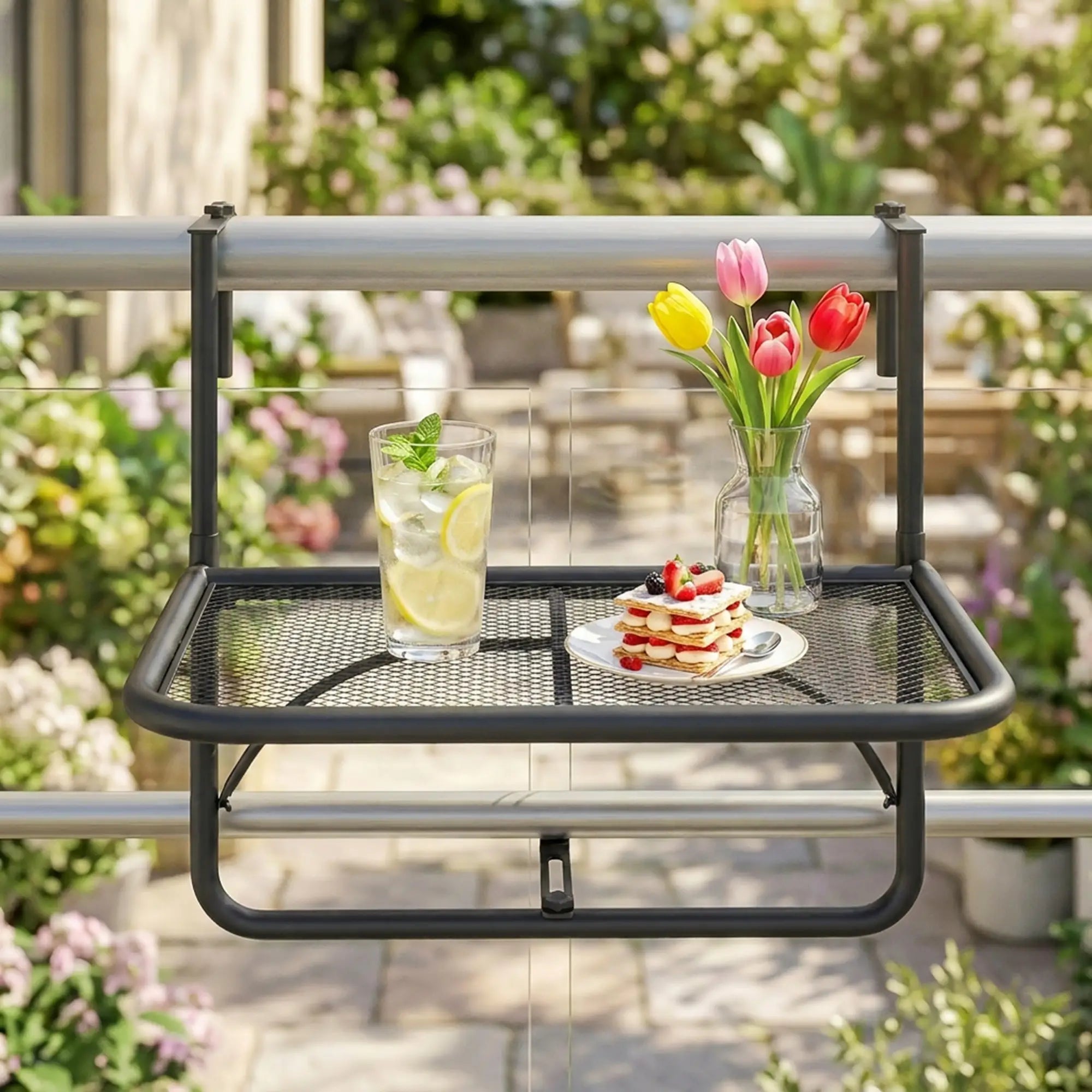 Adjustable Balcony Hanging Table, Metal Wall Desk, Outdoor Flower Stand, Black Balcony Table Hanging at Gallery Canada