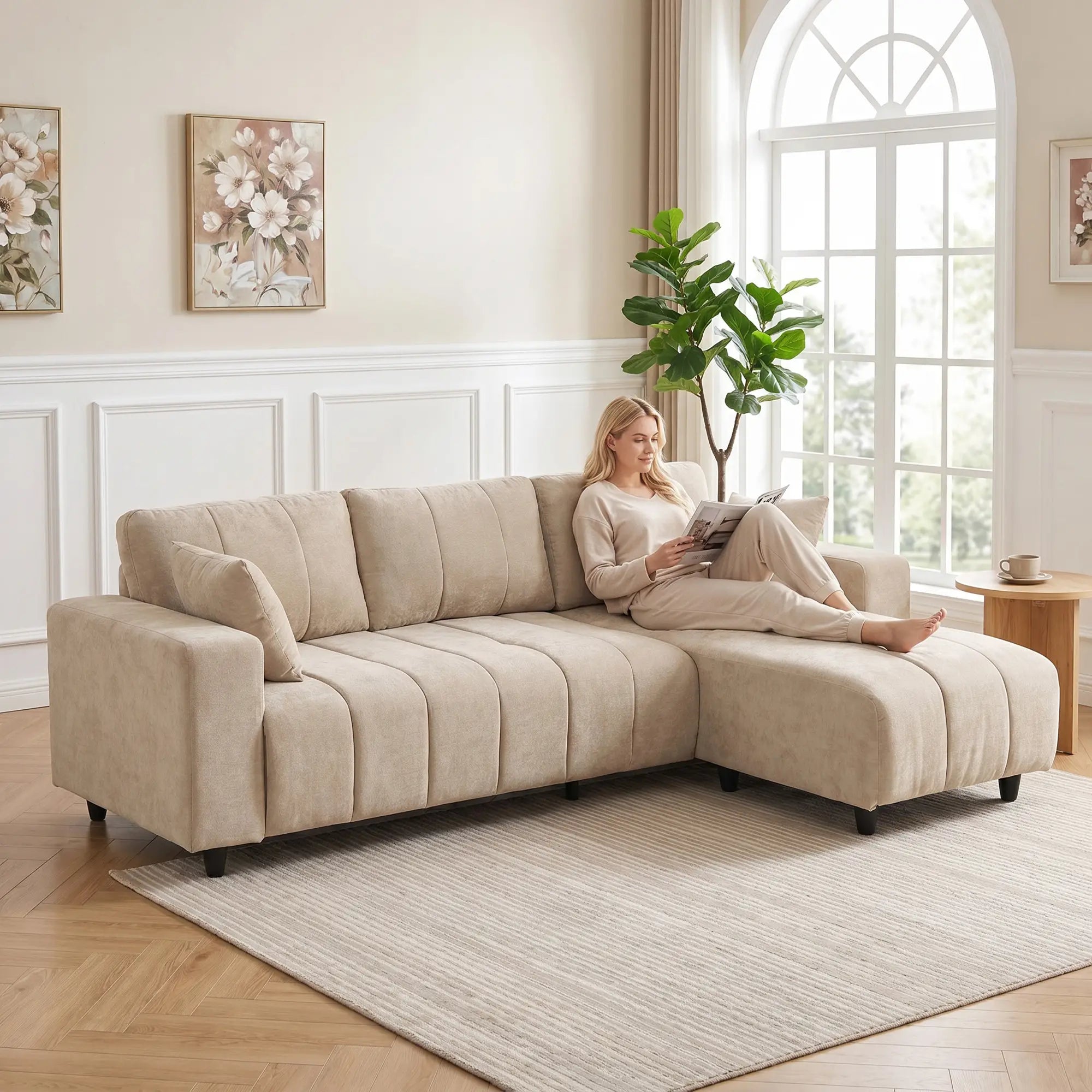 3-Seater L-Shape Sectional Sofa with Chaise, Spring Cushion, Pillows, Beige L Shaped Couchs at Gallery Canada