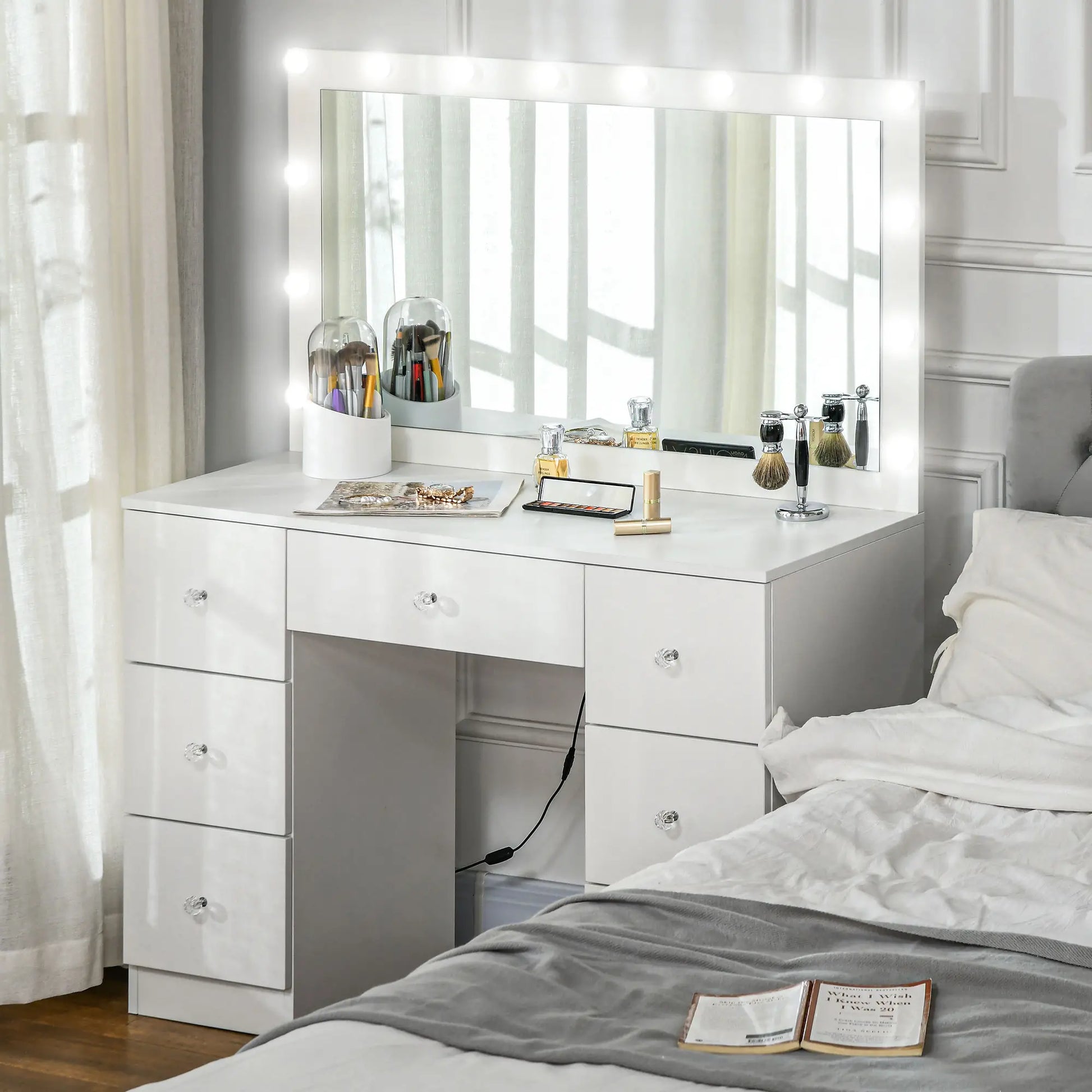 Modern Makeup Vanity Table, Mirror with 10 LED Lights, 7 Drawers, White Dressing & Vanity Tables at Gallery Canada