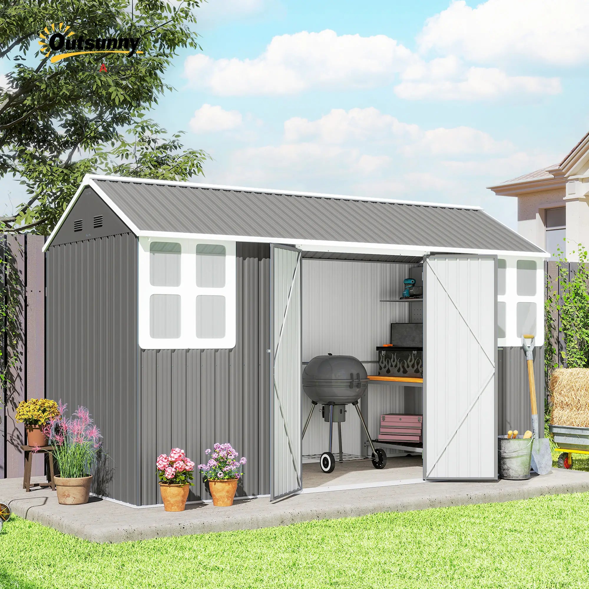 12' x 5.5' Metal Garden Storage Shed, Lockable Door, Light Grey Sheds at Gallery Canada