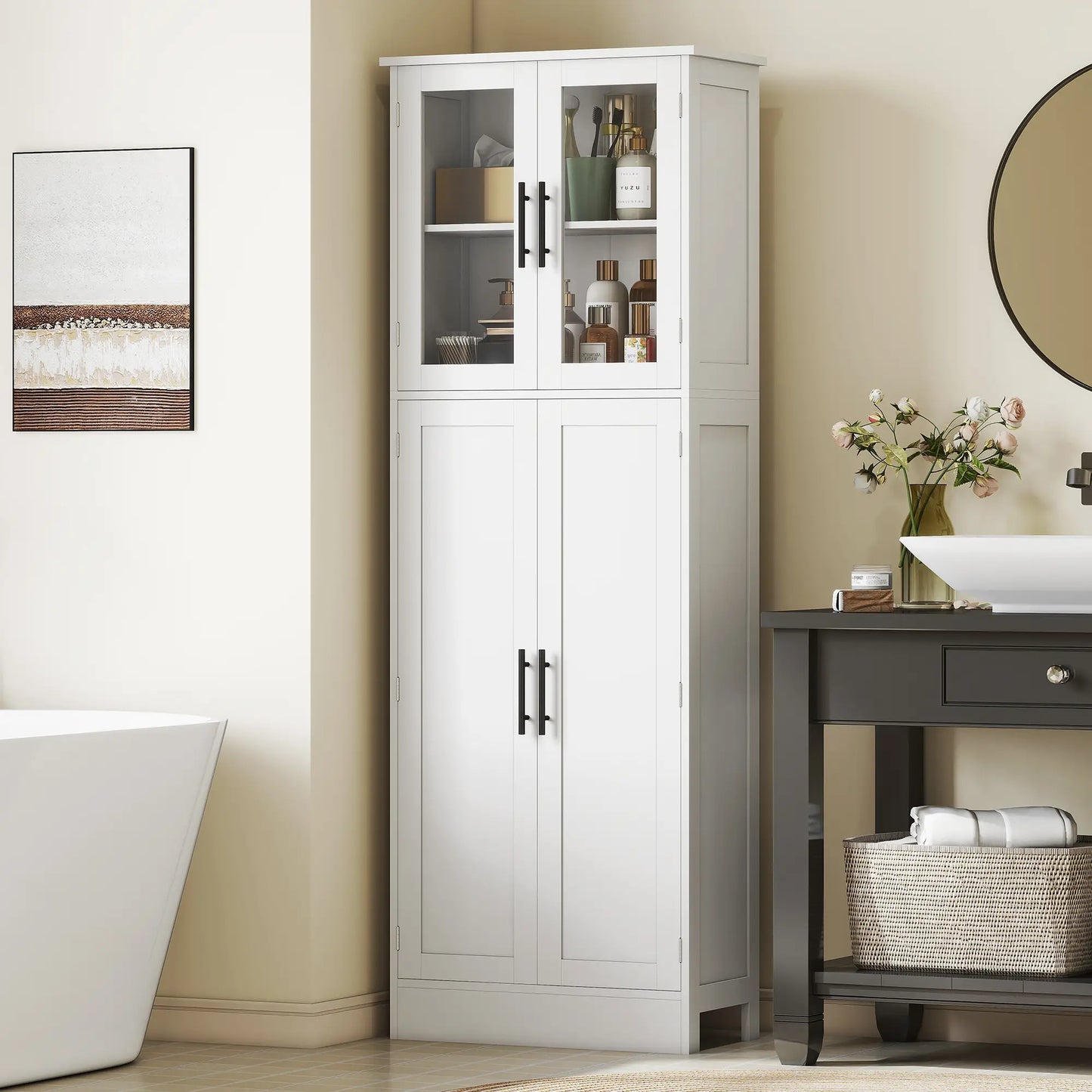 Tall Bathroom Cabinet, Glass Doors, Adjustable Shelves, White Freestanding Bathroom Cabinets at Gallery Canada