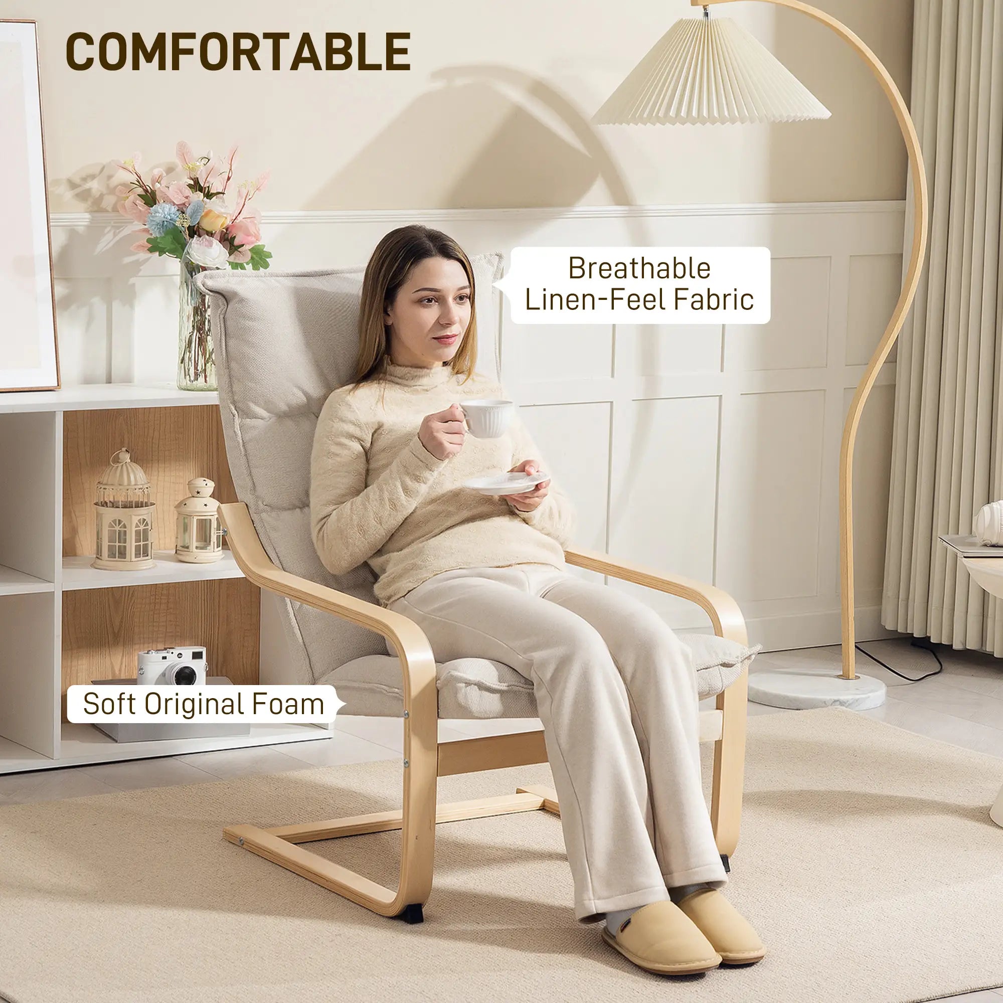 Modern Armchair, Upholstered Accent Chair, Curved Leg, Cream White Accent Chairs at Gallery Canada