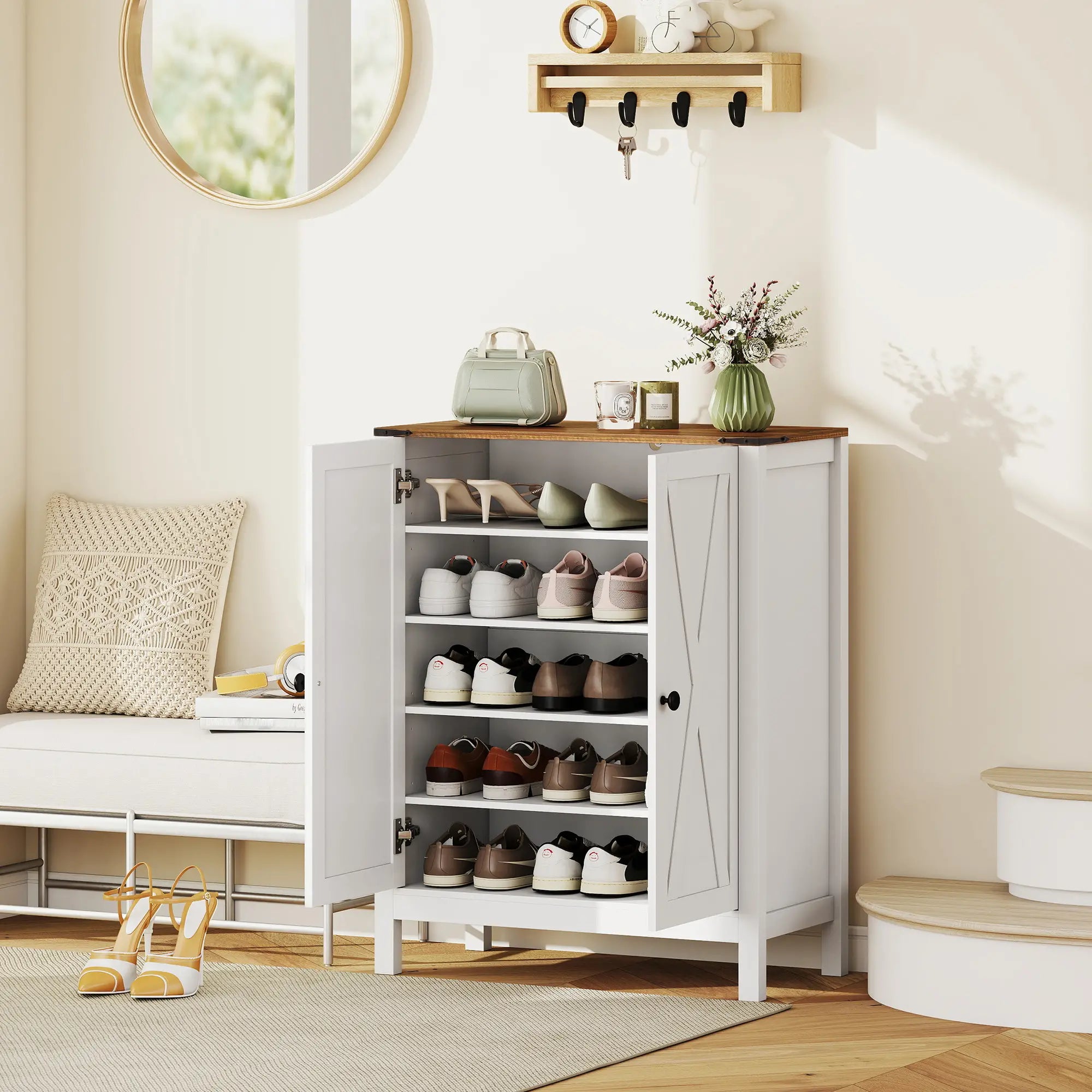Shoe Cabinet With Barn Doors, Adjustable Shelves, Holds 15 Pairs, White Shoe Storage Cabinets & Racks at Gallery Canada