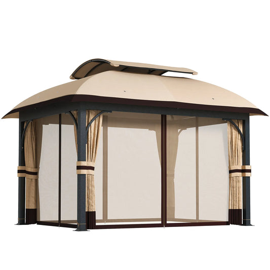 11' x 13' Patio Gazebo, Double Roof Canopy with Netting, Galvanized Frame, Khaki Gazebos Khaki at Gallery Canada