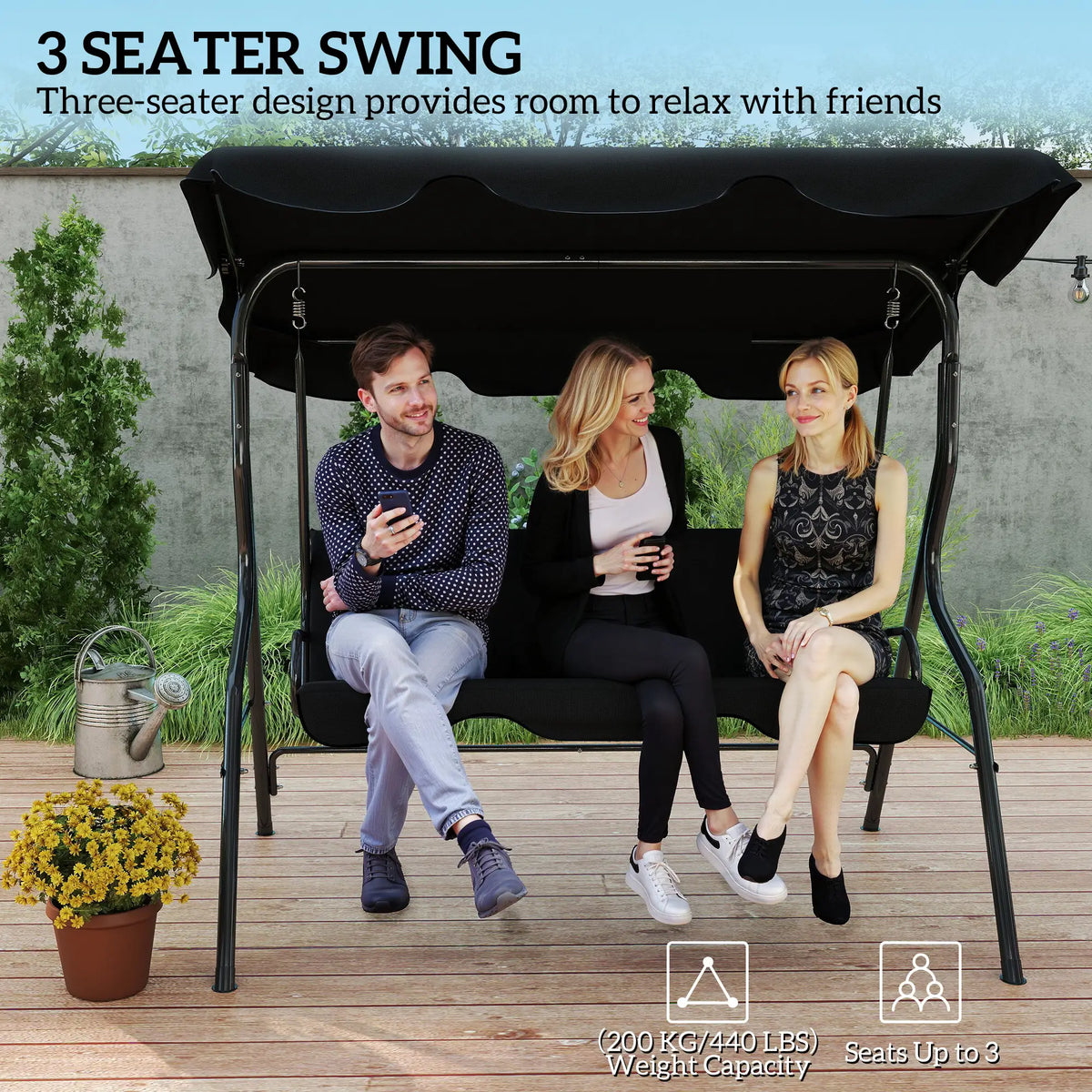 Outdoor Porch Swing, Adjustable Canopy, 3-Seater Patio Chair With Cushion, Black Porch Swings with Canopy at Gallery Canada