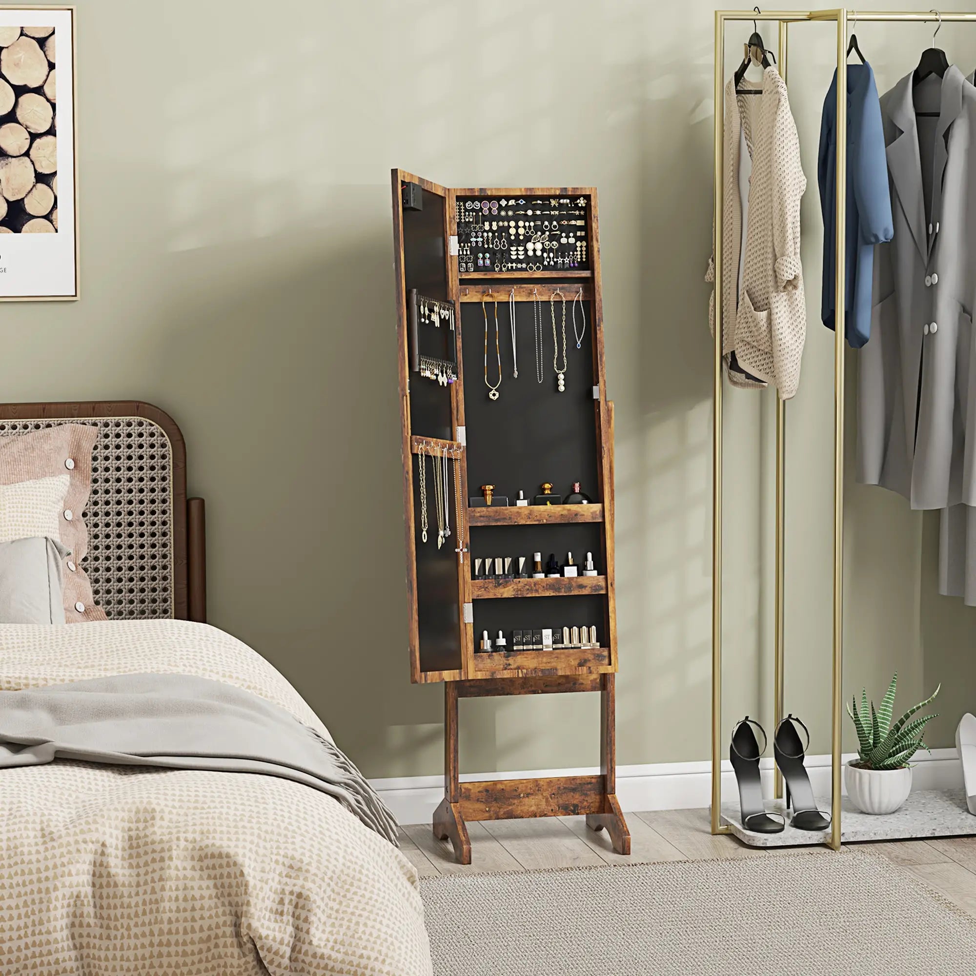 Free Standing Armoire Organizer, Lighted Mirrored Jewelry Cabinet, Angle Adjustable, 16 LED Lights, Rustic Brown, Brown Jewelry Armoire & Jewellery Mirror Cabinets at Gallery Canada