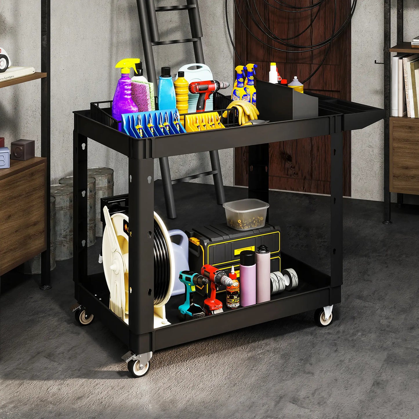 2-Tier Rolling Tool Cart, 500 LBS Capacity Plastic Utility Cart, Black Tool Organizers at Gallery Canada