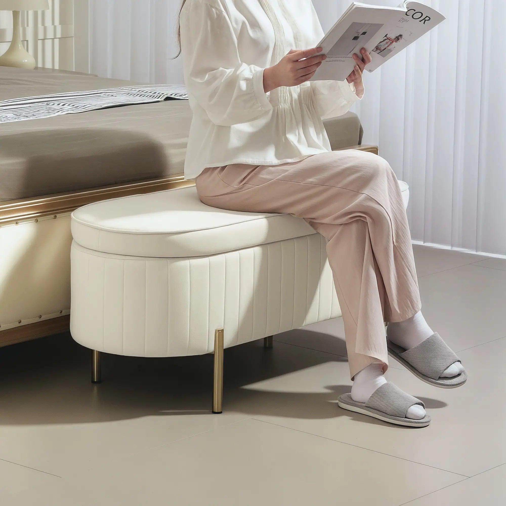 Upholstered Channel Tufted Ottoman Bench, Thick Padding, Metal Legs, Cream White Storage Ottomans & Benches at Gallery Canada