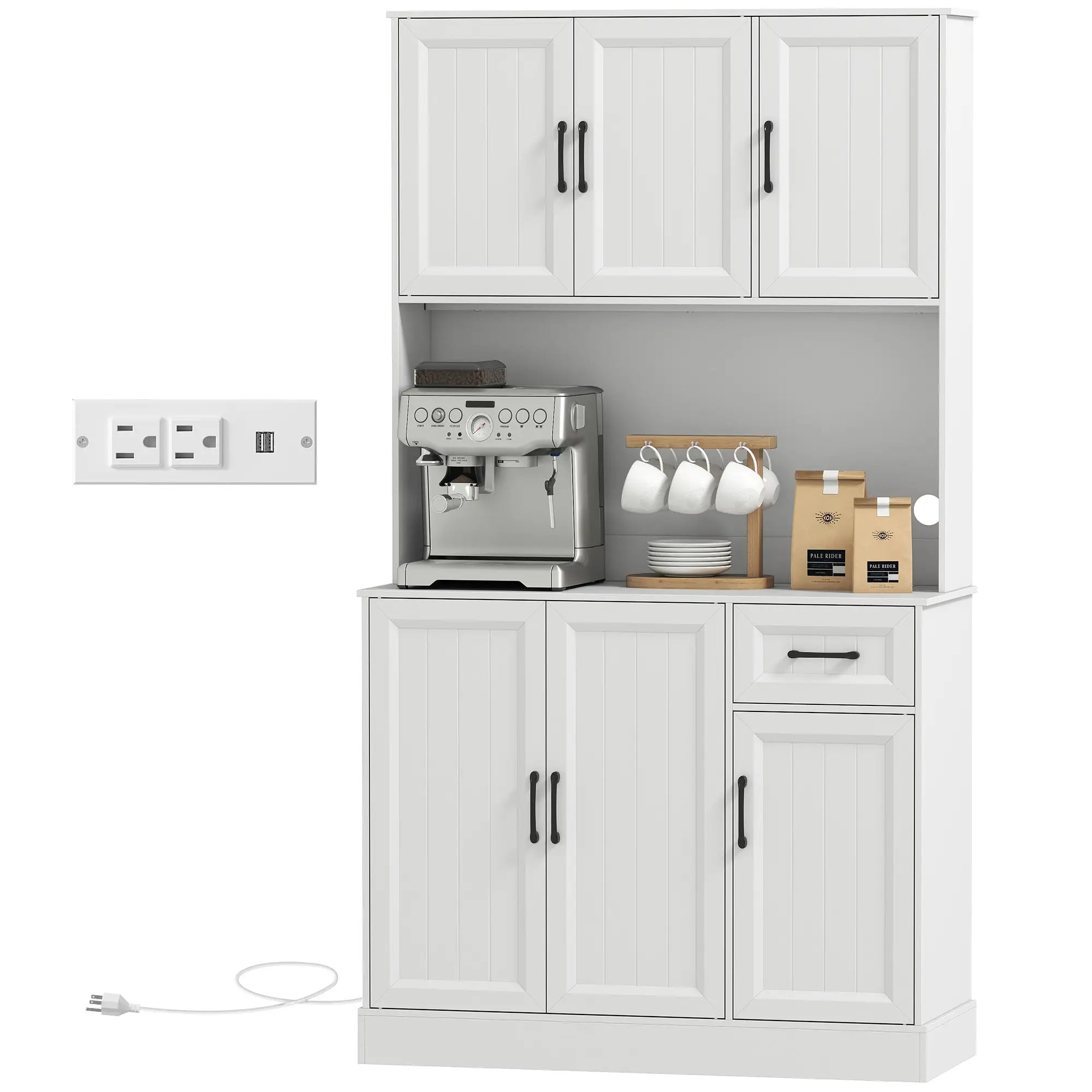71 Inch Pantry Cabinet with Charging Station, Microwave Stand, Adjustable Shelves, White Kitchen Pantry Cabinets White at Gallery Canada